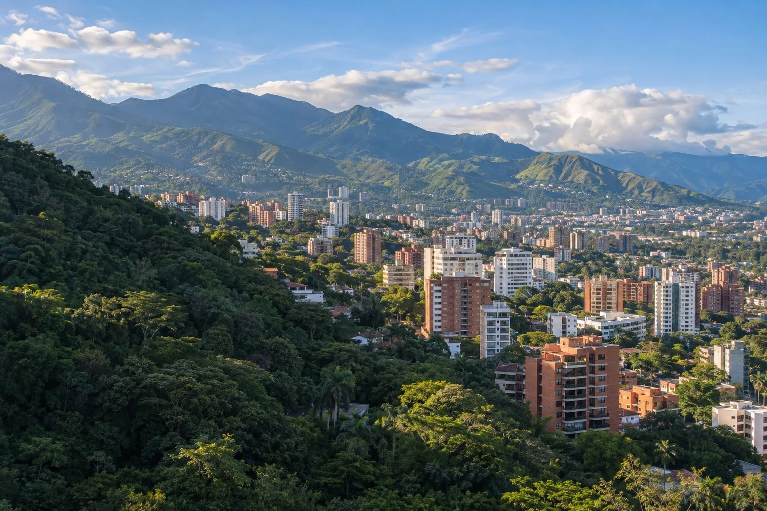Paisaje urbano ilustrativo del Valle del Cauca y montañas andinas
